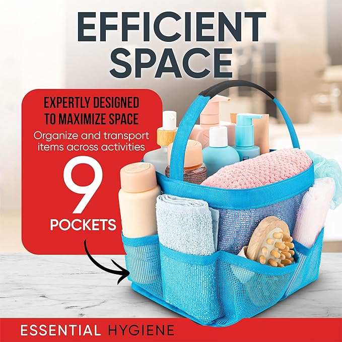 Masirs Mesh Shower Caddy – 9 Pocket Portable Shower Tote Bag for College Dorm Room Essentials, Quick-Dry Bathroom Organizer for Travel, Gym, Camping, Beach – Lightweight Collapsible Blue