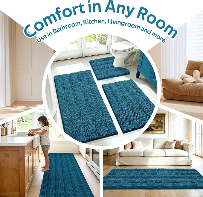 Comfydew Striped Teal Blue Bathroom Rug Set 3 Pieces Ultra Soft, Non Slip Chenille Toilet Mat, Absorbent Plush Shaggy Bath Mats for Bathroom, Bedroom, Kitchen