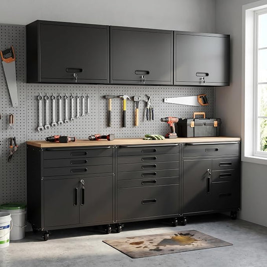 Garage Storage Cabinet System,Wall Cabinet & Locking Rolling Tool Cabinet with Doors and Adjustable Shelves