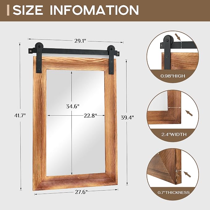 COGOOD Farmhouse Bathroom Mirrors for Over Sink - 42 x 29 Brown | Rustic Barn Door Wood Framed Vanity Mirror for Entryway, Living Room, Bedroom, Dresser Wall Decor