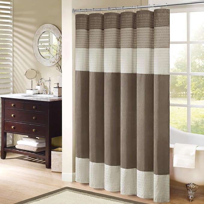 Madison Park Bathroom Shower Curtain 72 x 84 Extra Long, Faux Silk, Natural | Modern Classic, Light Sheen, Pieced, Striped, Microfiber, Machine Washable, OEKO-TEX Certified, Amherst