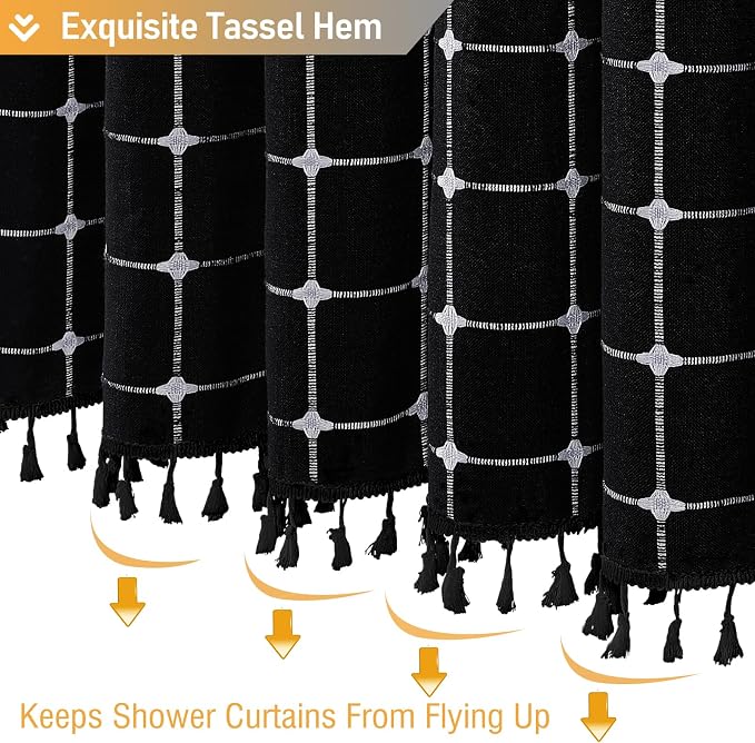 Stall Boho Farmhouse Linen Shower Curtain Set, 36x72, Black and White | Half Size, 330GSM Linen Blend, 3-side Tassels, Water Repellent Fabric, 6 Plastic Hooks, Rustic Bohemian, Machine Washable