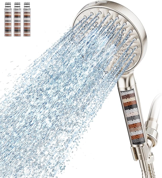 SR SUN RISE Filtered Shower Head with Handheld High Pressure 9 Spray Mode Showerhead Detachable Shower Head Water Softener Filters Beads for Hard Water Remove Chlorine 4 Filters Brushed Nickel