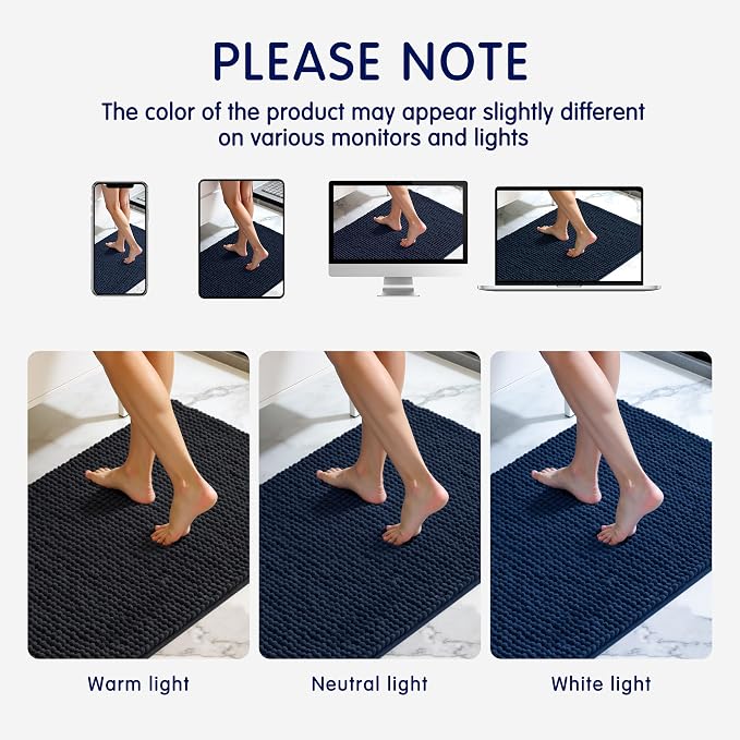 SUBRTEX Bathroom Rugs, 24" x 55" Chenille Bath Rug Soft Short Plush Bath Mat Soft Shower Mat Water Absorbent Shower Mat Quick Dry Machine Washable, Navy