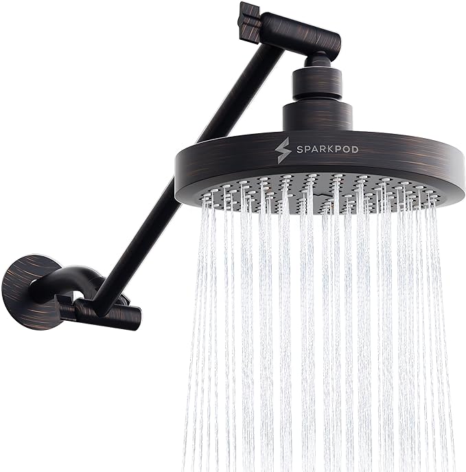 SparkPod 6" Round Rain Shower Head with 11" Shower Arm | Shower Head & Extension Arm Combo, Height Adjustable, High Pressure Performance, Easy 1-Minute Installation,Oil-Rubbed Bronze