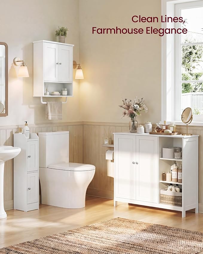 VASAGLE Siren Collection Bathroom Wall Cabinet, Hanging Storage | Bathroom storage cabinet, towel rod, farmhouse, adjustable shelf, doors, 7.9 x 17.7 x 23.6 Inches, UBBK148WB01S