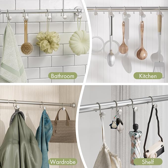AmazerBath Shower Curtain Hooks Brushed Nickel Shower Curtain Rings, Heavy Duty Modern Decorative Shower Curtain Hooks Rust Proof Smooth Glide Shower Hooks for Shower Curtain Shower Rod Hook, 12Pcs