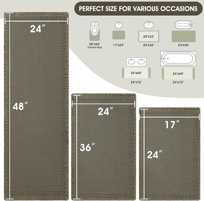 Upgraded Waffle Bath Mat Set 3 Piece Greyish Green-Bordered, Super Absorbent Non-Slip Quick Dry Bathroom Rugs with Tassels, Machine Washable Ultra Soft Boho Bath Rugs, Toilet Mats Boho Farmhouse Decor