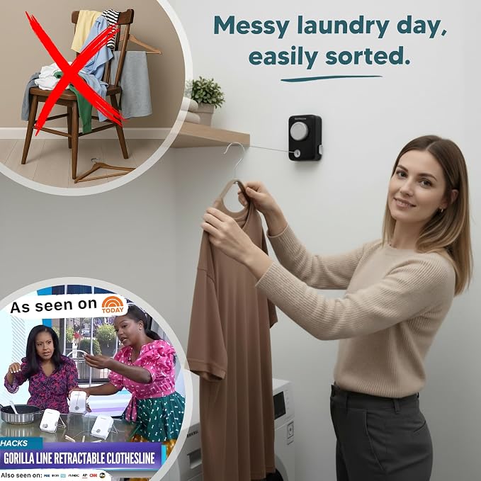 Max – Retractable Clothesline Indoor Outdoor, Non-Sagging Heavy Duty Clothes Drying Line, Wall Mounted Drying Rack, Air Dry Clothing, Max Tighten with GorillaGrip