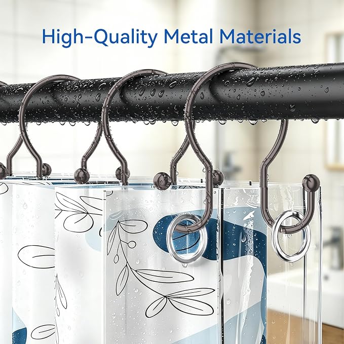 OEH Shower Curtain Hooks, 12 Pcs Minimalist Shower Curtain Rings, Metal Shower Curtain Hangers, Double Hook Shower Curtain Hooks Rust Proof, Glide Smoothly Shower Hooks for Shower Curtain Rod, Bronze