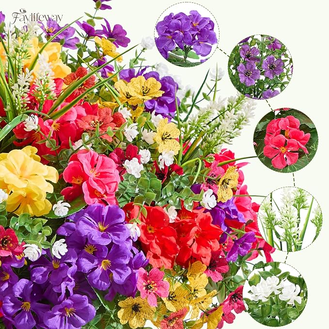 16 Bundles UV Resistant Silk Artificial Outdoor Flowers for Window Box | Mixed Color Realistic Anti-Fade Faux Flowers for Outside Planters,Garden,Porch,Patio,Yard,Home Decor(Purple&Hot Pink)