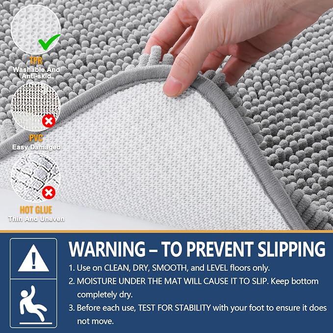 Arotive Bathroom Rugs 34x21, Soft Absorbent Shaggy Chenille Bath Rugs | Light Grey, Machine Washable Rubber Backing Bath Mats for Bathroom Floor Tub and Shower Home Decor Accessories