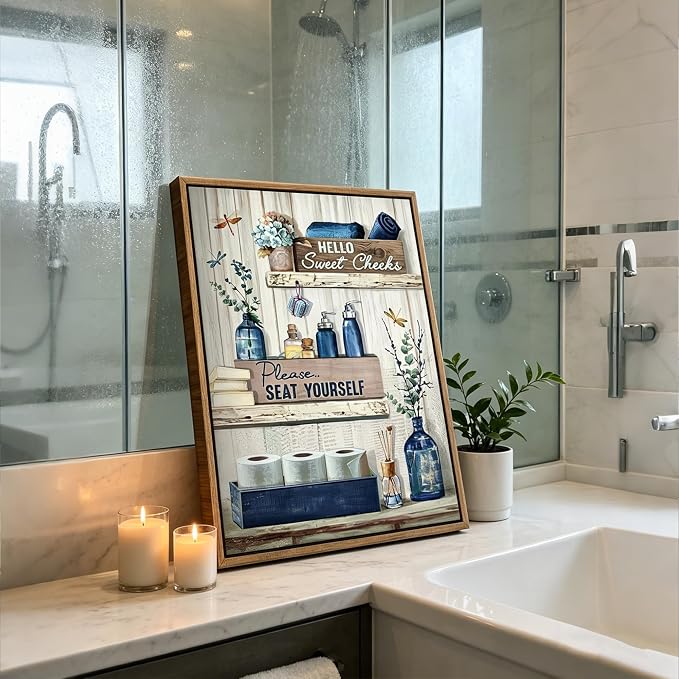 BJVJKSU Framed Navy Blue Bathroom Decor Wall Art Rustic Blue Bathroom Canvas Wall Decor Please Seat Yourself Sign Print Painting Vintage Aesthetic Farmhouse Artwork Picture(12x16in)