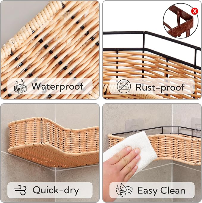 GRANNY SAYS Corner Shower Caddy Adhesive, Wicker Shower Organizers | 2 Pack Rustproof Corner Shelves, Hanging Wicker Shower Organizers and Storage, Inside Shower Shelves for Apartment Decor