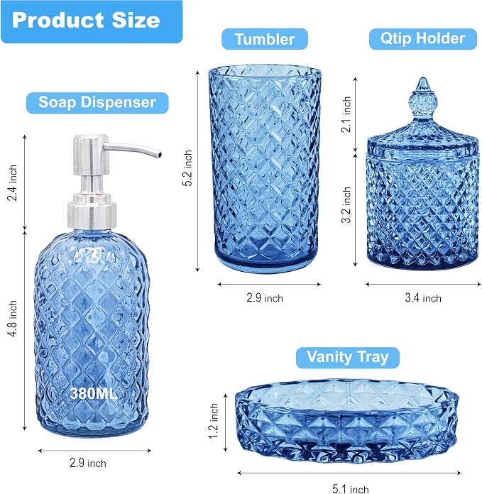 LaMarriti Blue Bathroom Accessories Set, 4Pcs Clear Glass Bathroom Set | Lotion Soap Dispenser, Toothbrush Holder Set, Soap Dish, Qtip Holder for Vintage Crystal Bath Decor, Gift Set