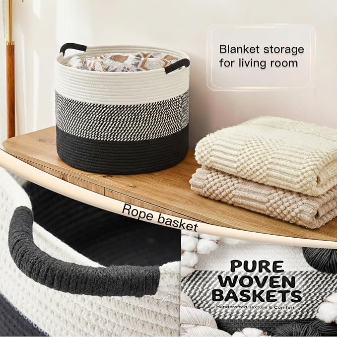 Artfeel 100L Large Cotton Rope Basket, Decorative Woven Blanket Storage for Living Room, Boho Toy Storage & Toy Box for Kids, Versatile Laundry Basket & Nursery Hamper for Blankets(Black)