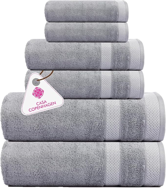 CASA COPENHAGEN Solitaire Luxury Hotel & Spa Quality, 600 GSM Egyptian Cotton, 6 Piece Turkish Towel Set, includes 2 Bath Towels, 2 Hand Towels, 2 Washcloths, Grey Violet