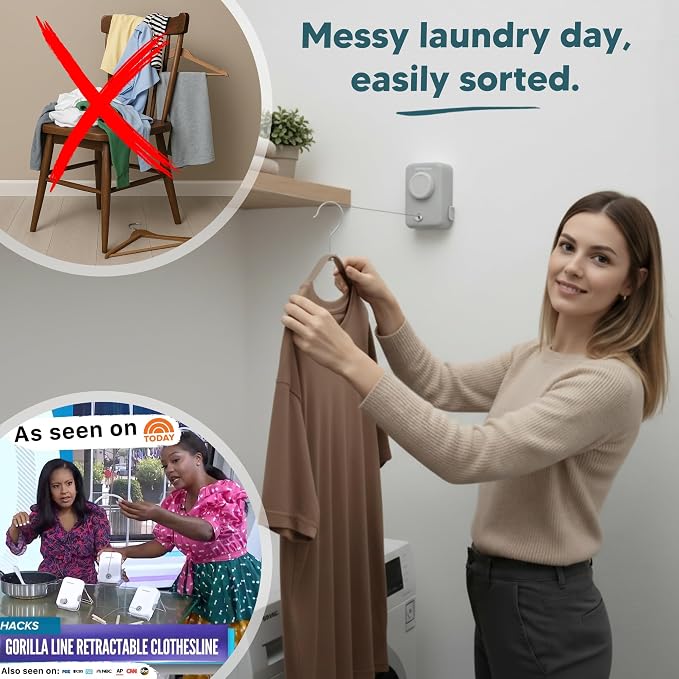 Max – Retractable Clothesline Indoor Outdoor, Non-Sagging Heavy Duty Clothes Drying Line, Wall Mounted Drying Rack, Air Dry Clothing, Max Tighten with GorillaGrip