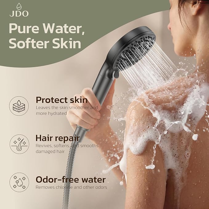 6-Setting Filtered Handheld Shower Head, JDO High Pressure Shower Head with Replaceable Filter Cartridge 4.7 Inch Detachable Showerhead for Chlorine Hard Water Removal, 59 Inch Stainless Steel Hose
