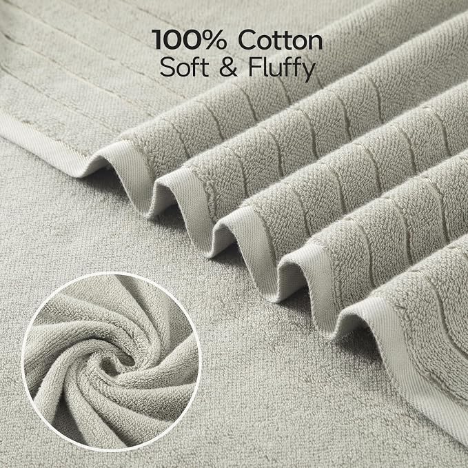 REDKISS 2 Pack Extra Large 35x70 Inch Cotton Bath Towels, Light Gray | 100% thick cotton, ultra soft & absorbent, quick dry light gray towels for bathroom, gym, spa, pool, hotel