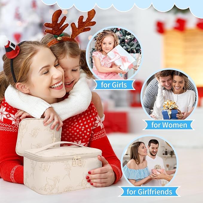Makeup Bag Set, Portable Travel Makeup Bags Cosmetic Organizer Bag for Women Cute Floral Cosmetic Pouch Large Capacity Make up Bag PU Leather Toiletry Bags with Divider and Handle-Beige