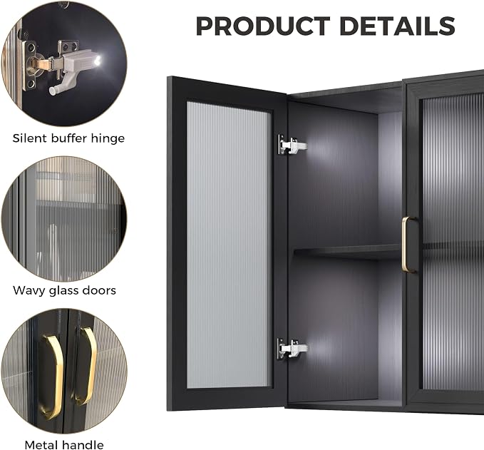 24”W Wall Cabinet with Acrylic Glass Doors Set of 2, Kitchen Wall Cabinets with Adjustable Shelf, Laundry Room Wall Mounted Cabinet, Bathroom Wall Cabinet with Light(Black)