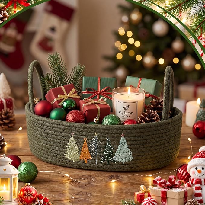 Vesici Christmas Tree Toilet Basket Green Cotton Rope Storage with Handle | Woven Organizer for Bathroom Countertop, Holds Toilet Paper on Tank Top, Christmas Tree Embroidery, Bedroom Nursery, 13x6x4