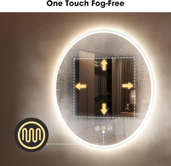 S·BAGNO 24’’ Round Led Bathroom Mirror with Lights, Anti-Fog Wall-Mounted Vanity Mirror, 3000K/4000K/6500K, Dimmable Inside Bluetooth Speaker Smart Mirror
