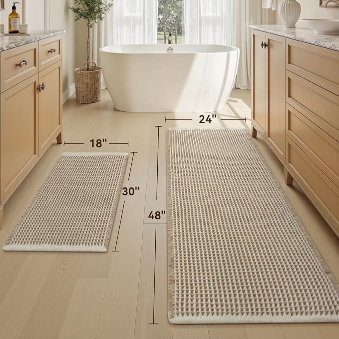 Upgraded Waffle Bath Mat Set of 2 Super Absorbent Non Slip Bath Mats for Bathroom, Washable Boho Bathroom Rugs Set 2 Pieces with Tassels, Soft Bathroom Mat Set, Brown & Cream, 18" x 30" Plus 24" x 48"
