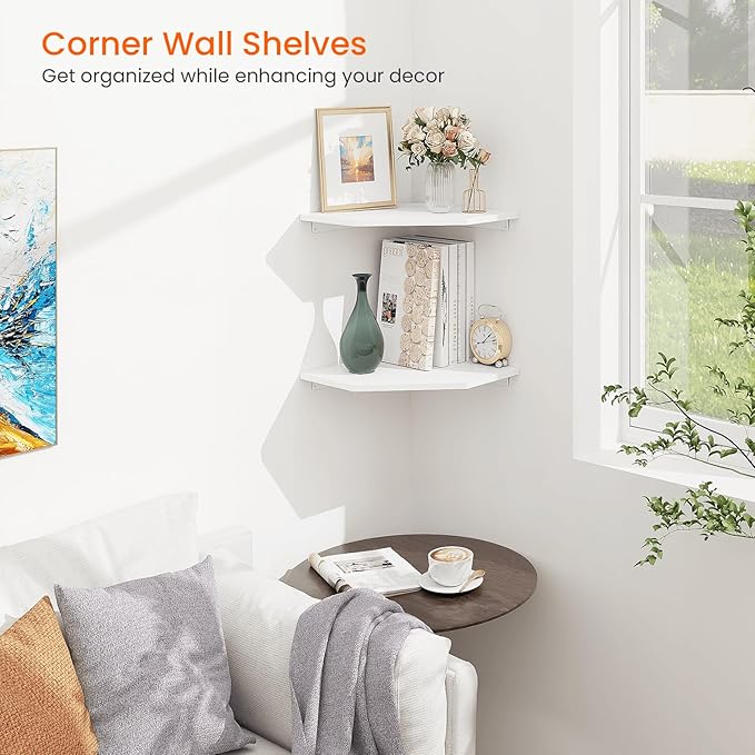 Corner Shelf Wall Mount, Set of 2 Corner Floating Shelves with Cord Hole for Speaker, Cable Box, 2 Tier Wood Hanging Storage Shelf for Bathroom Living Room Bedroom, White