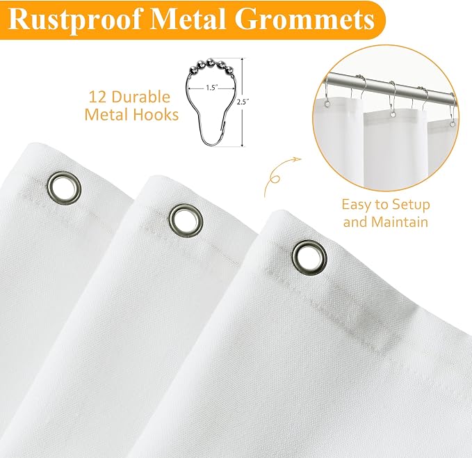 Extra Long Shower Curtain,96 Inch Long Linen Weighted Thick Fabric Bathroom Shower Curtain, Neutral Hotel Elegant Modern Farmhouse Style Bath Curtains Set with 12 Plastic Hooks,72x96, White
