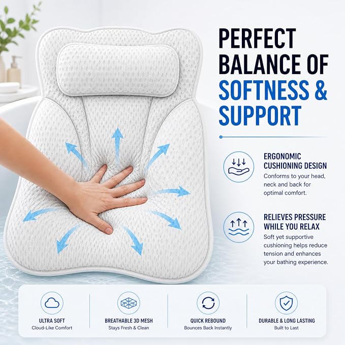 Bath Tub Pillow, Extra Thick Luxury Cushion with Strong Suction Cups for Head, Neck & Back Support, Breathable Spa Pillow for Relaxing Night Bath (White)