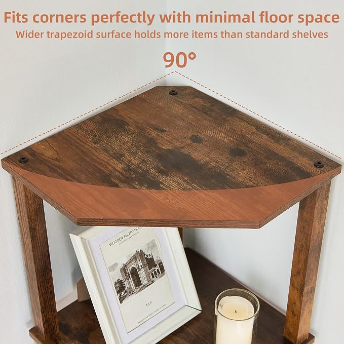 YUFAM 4-Tier Corner Shelf, Brown | Wooden Corner Bookshelf for Small Spaces, Corner Standing Shelf with Sturdy 5-Leg Base