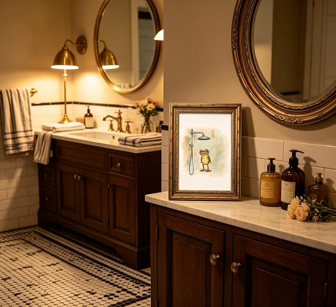 Vintage Gold Framed Bathroom Wall Art,Funny Frog Showering Canvas Prints,Humorous Bathroom Poster Artwork,Whimsical Watercolor Animal Wall Decor,for Restroom,Bathroom, Spa,Modern Artwork,9x11in