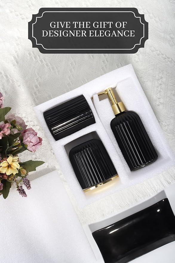 Designer Black Glass Bathroom Accessories Sets - 4 Pcs with Lotion Soap Dispenser, Bathroom Toothbrush Holder, Vanity Tray, and Apothecary Jar, Vintage Bathroom Decor, Gift Countertop Organizer