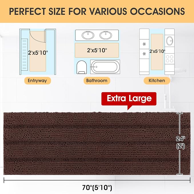 Extra Long Striped Brown Bathroom Rug Mat 70"x24" Ultra Soft, Non Slip Chenille Bath Rugs, Absorbent Plush Shaggy Bath Mats for Bathroom, Bedroom, Kitchen, Shower, Tub
