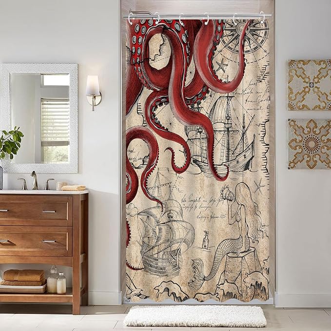 Fungarth Stall Vintage Red Nautical Octopus Shower Curtain Mermaid Funny Ocean Kraken Shower Curtains for Bathroom Cool Anchor Coastal Map Waterproof Fabric Bath Curtain Decor (Retro1, 36” x 72”)