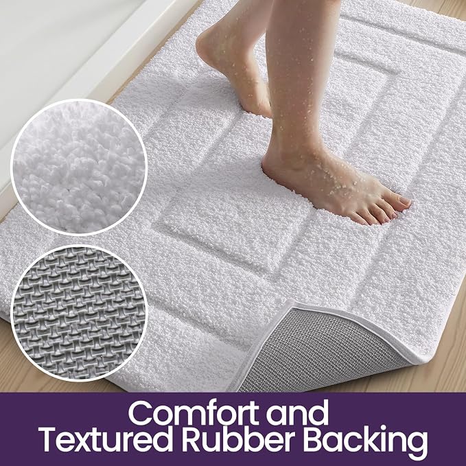 DEXI Bathroom Rugs 24x16, Non-Slip and Absorbent Bath Mat, White | Machine Washable, Soft Plush Microfiber Bathmat with Rubber Back, Quick Dry Small Rug for Shower, Tub, Sink