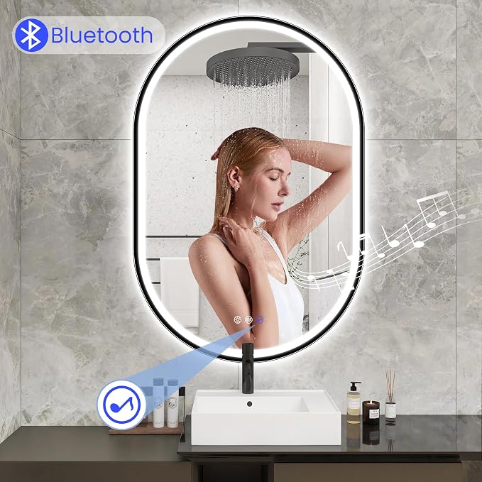 STARLEAD 24"x36" Black Frameless Oval LED Bathroom Mirror with Bluetooth Speaker, Dimmable Lighting, 3 Color Modes, Anti-Fog, Touch Control Wall Mounted Vanity Mirror