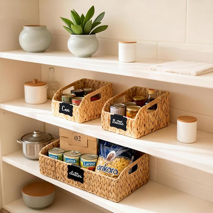Wicker Baskets for Organizing, Pantry Baskets with Built-in Handles, Handwoven Labeled Wicker Storage Basket, Water Hyacinth Storage Bins for Shelves, 3 Pack, Natural - 2 Set