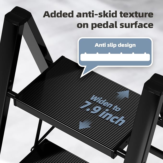 HillhutApex Aluminum Step Stool Foldable,3 Step Ladder (Black) | Lightweight Portable step ladder with Anti-Slip Wide Pedal,330lbs Capacity Ladder for Household,Office,Kitchen