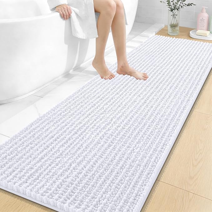 OLANLY Bathroom Runner Rugs 70x24, Thick Soft Absorbent Chenille Bath Rugs | White, Quick-Drying Rubber Backing, Long Shaggy Bath Mat, Machine Washable for Floor, Tub and Shower, Home Decor Accessories