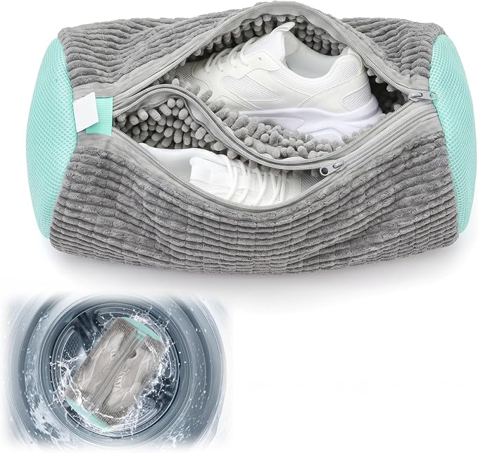 Dual Shoe Washing Machine Bag for Washer and Dryer Holds 2 Shoes (Gray) | Reusable Laundry Shoe Bag with Microfiber Brushes, 360° Deep Cleaning, Self-Locking Zipper,Sneaker Tennis Shoe Cleaning Bag