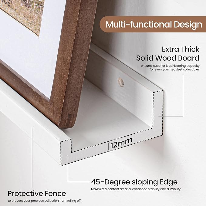 Picture Ledge Shelf, Floating Shelves Set of 2, 40 Inches Solid Wood Nursery Book Shelves for Toys Storage, Kids Bookshelf Wall Mounted for Living Room Bedroom Decor Books Photo Frames, White