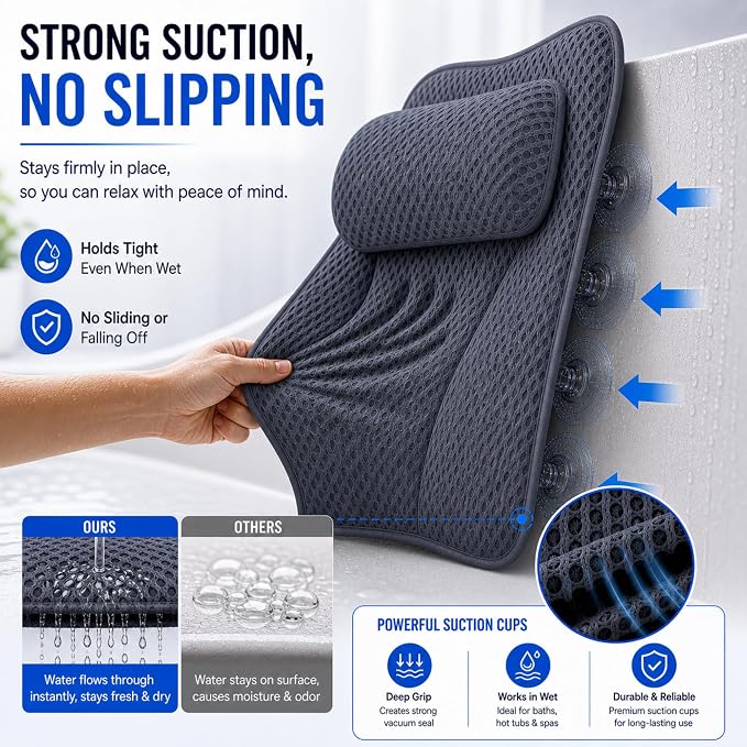 Bath Tub Pillow, Extra Thick Luxury Cushion with Strong Suction Cups for Head, Neck & Back Support, Breathable Spa Pillow for Relaxing Night Bath (Black)