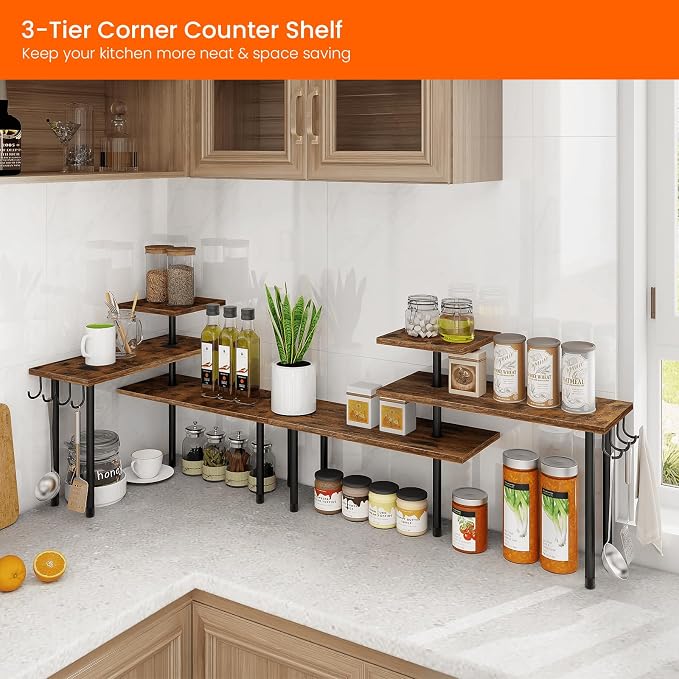 Kitchen Countertop Organizer - 3 Tier Corner Shelf, Bathroom Counter Organizer, Spice Rack, Coffee Bar, Over Sink, Rustic Brown
