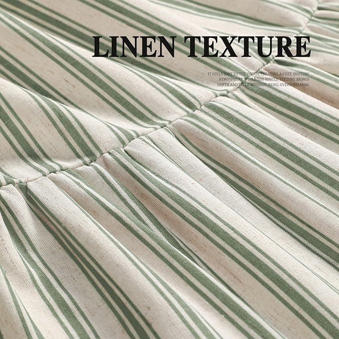 Farmhouse Shower Curtain Ruffle Linen Cream-Green Stripe 72"W x 96"L | Farmhouse Boho, Striped, Bottom Ruffle, Linen Fabric, Rustic, Country, Natural Look, Washable, for Bathroom Bathtub
