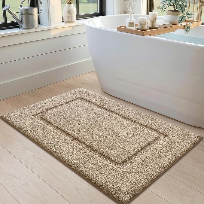 DEXI Bath Mat 24x16, Absorbent and Non Slip Bathroom Rugs, Beige | Soft Plush Microfiber Bathmat, Machine Washable & Quick Dry, Rubber Back Small Rug for Shower, Tub, Sink