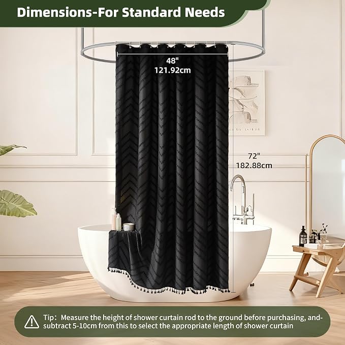 Siiluminisoy Stall Boho Shower Curtain Black Tassel Woven Fabric Shower Curtain 48 x 72 Modern Farmhouse Textured Tufted Chevron Striped Minimalist Bathroom Shower Curtain