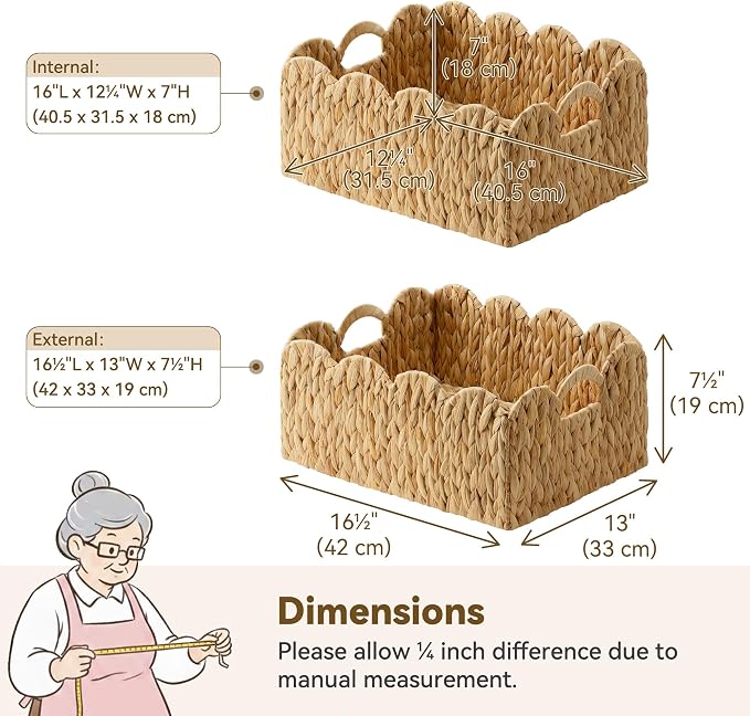 GRANNY SAYS Wicker Basket for Organizing, Shelf Baskets with Scalloped Edge | Scalloped Water Hyacinth Basket, Storage Wicker Basket for Pantry, Water Hyacinth Baskets with Scalloped Edge, Woven Baskets